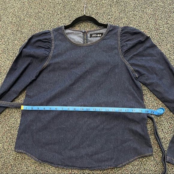 Dark Wash Denim Puff-Sleeve Long Belted Contrast Stitching Shirt Top Blouse Sz M - Picture 12 of 14